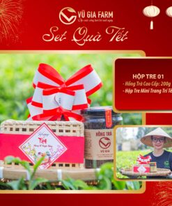 SET QUÀ TẾT HỘP TRE 01 Gồm Hồng Trà (Trà Đen) Cao Cấp Nguyên Chất Vũ Gia (100g/ hũ) + Hộp Tre Mini Trang Trí Tết